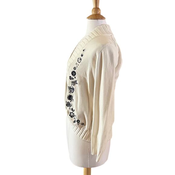 Christopher & Banks Cotton Blend Ivory Floral Applique Open Cardigan, Size XL - Picture 3 of 13